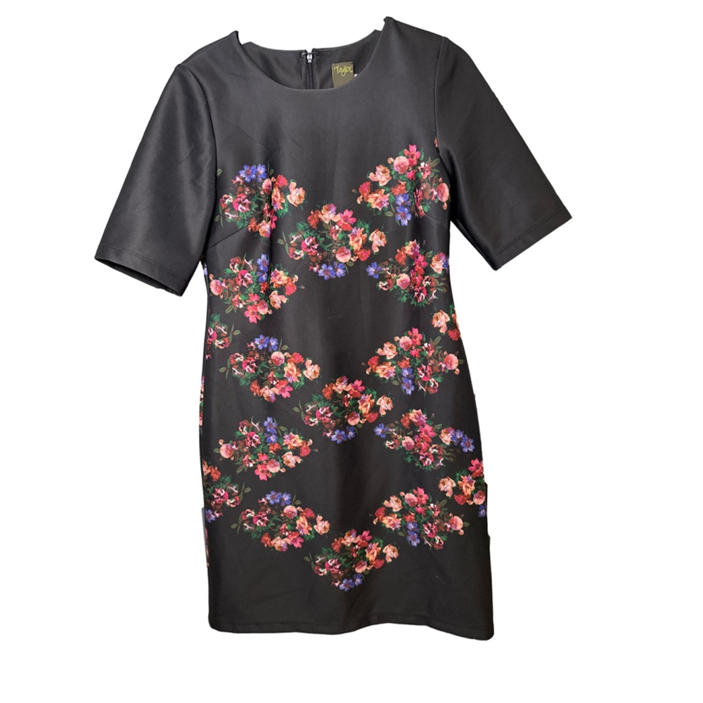 TAYLOR Size 8 Black Floral Print Midi Dress